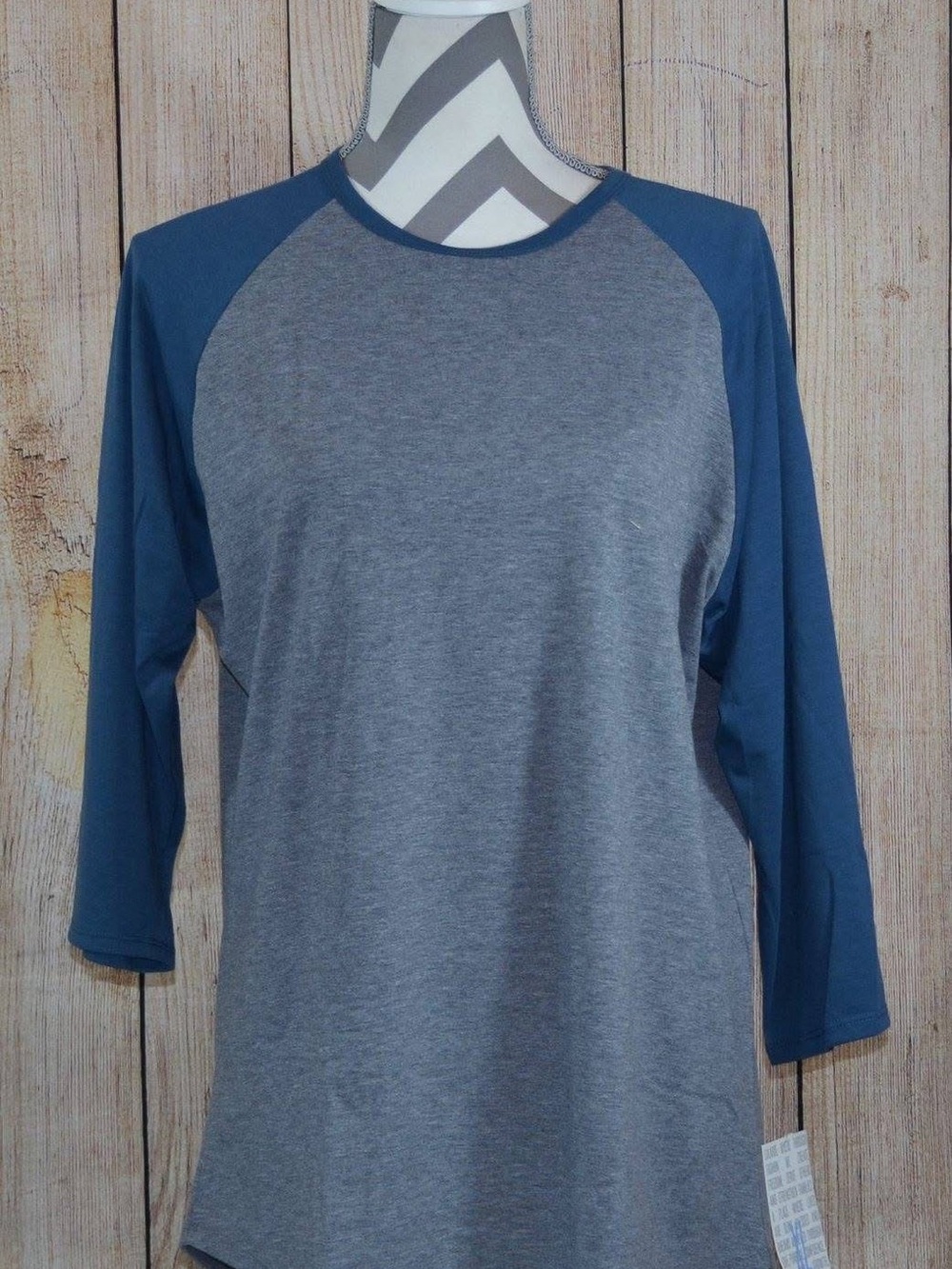 LuLaRoe Randy Grey Body with Blue Raglan 3/4 Sleeve Shirt